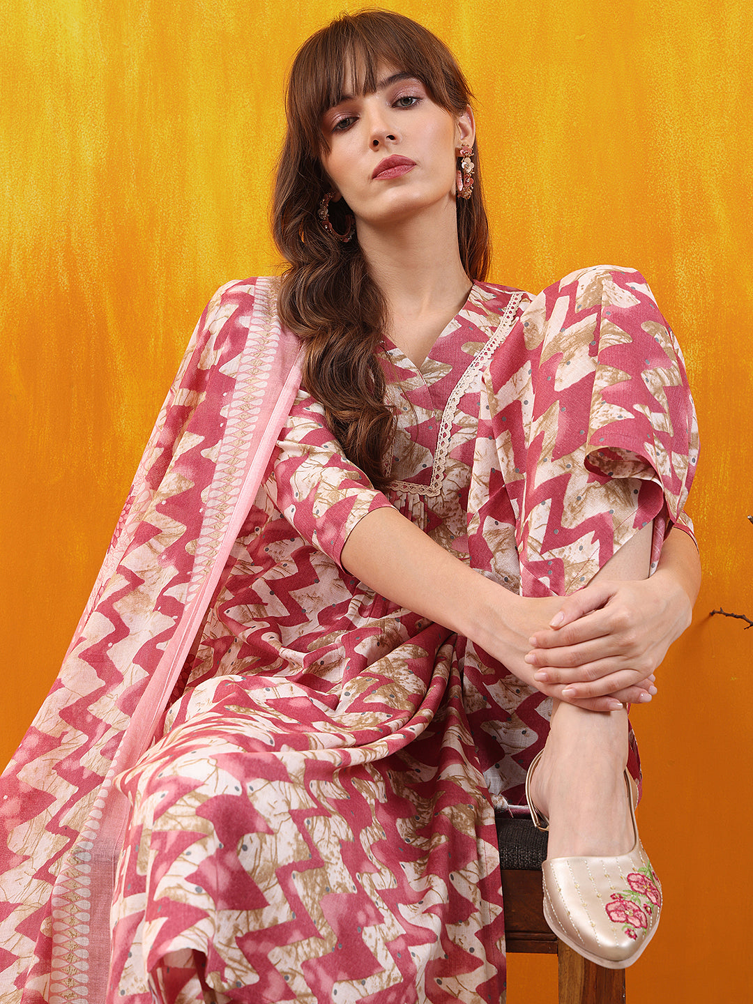Chevron Printed Kurta With Palazzo Pant & Dupatta, Pink - Hiral Fashion