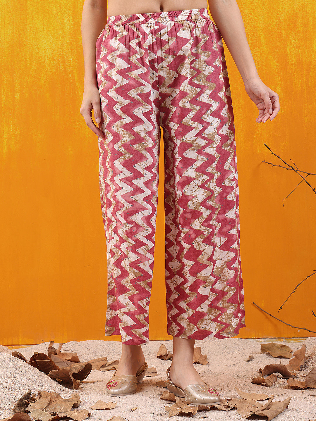 Chevron Printed Kurta With Palazzo Pant & Dupatta, Pink - Hiral Fashion