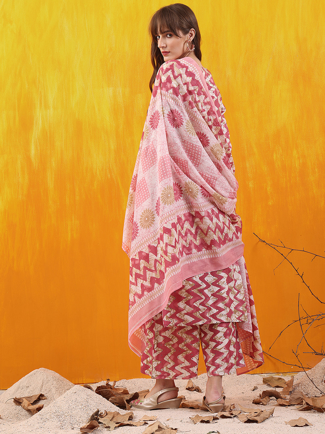 Chevron Printed Kurta With Palazzo Pant & Dupatta, Pink - Hiral Fashion
