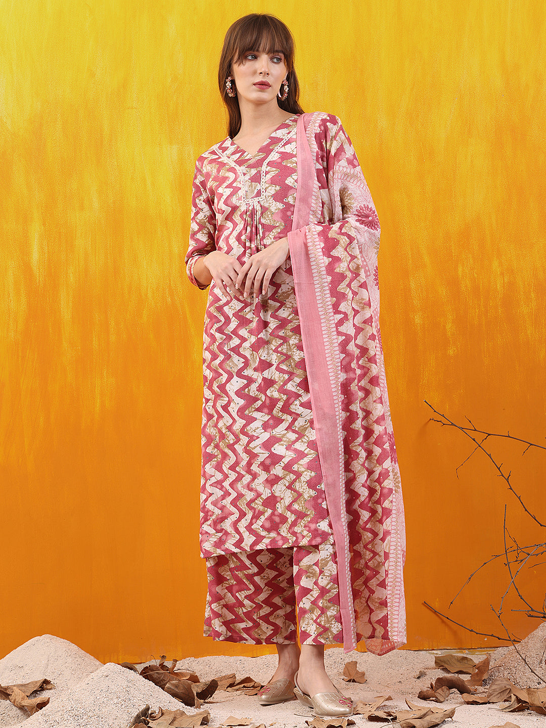 Chevron Printed Kurta With Palazzo Pant & Dupatta, Pink - Hiral Fashion