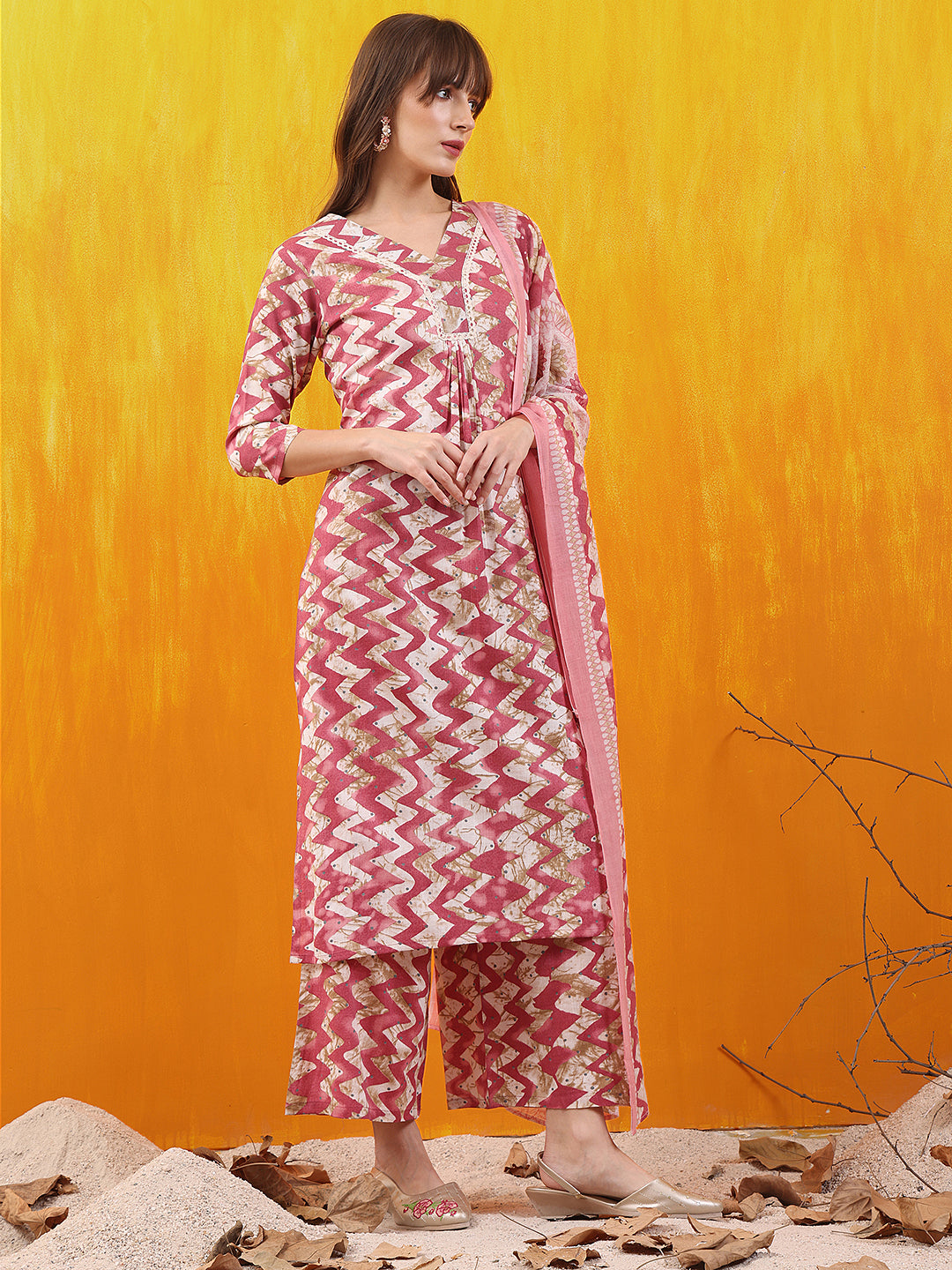 Chevron Printed Kurta With Palazzo Pant & Dupatta, Pink - Hiral Fashion