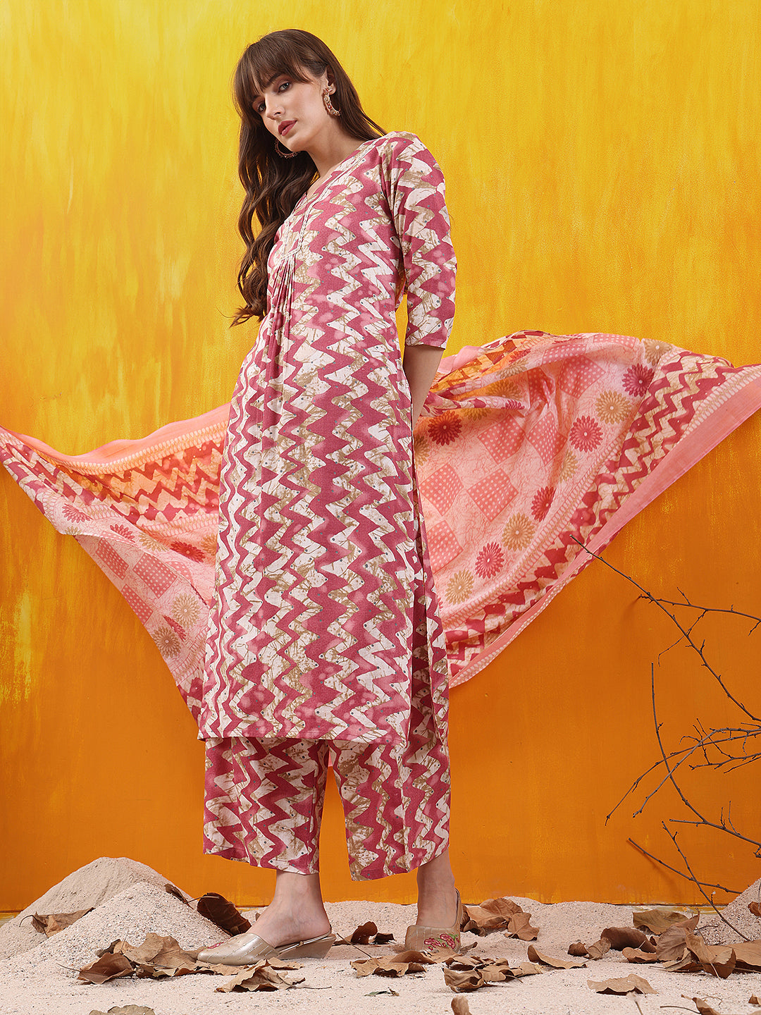 Chevron Printed Kurta With Palazzo Pant & Dupatta, Pink - Hiral Fashion