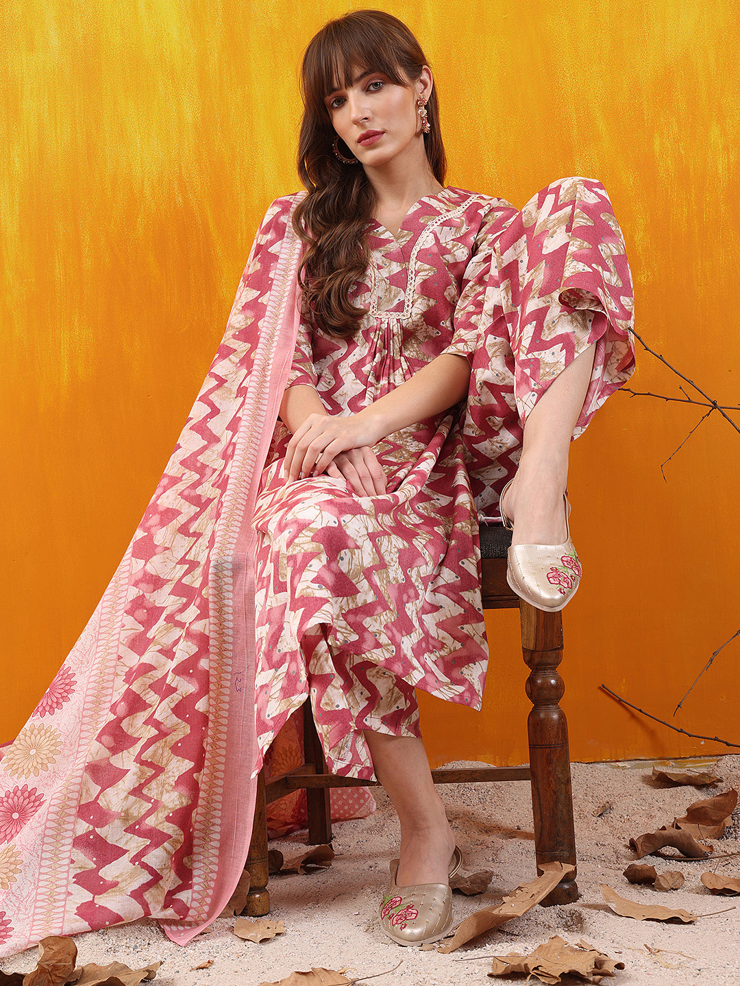 Chevron Printed Kurta With Palazzo Pant & Dupatta, Pink - Hiral Fashion