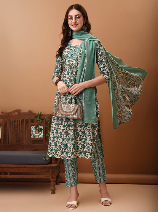 Floral Printed Kurta With Pant & Dupatta, Blue - Hiral Fashion