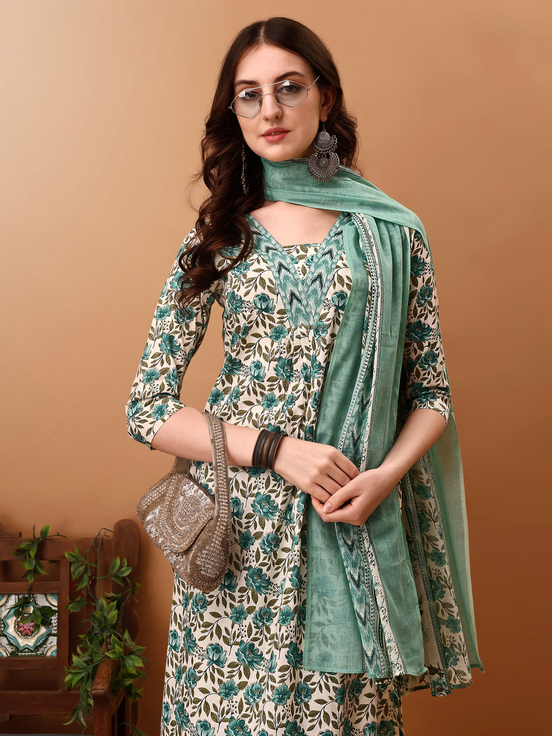 Floral Printed Kurta With Pant & Dupatta, Blue - Hiral Fashion