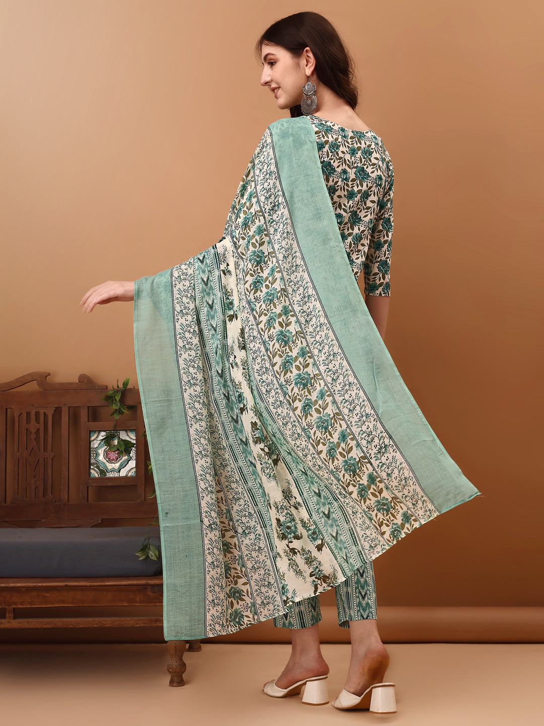 Floral Printed Kurta With Pant & Dupatta, Blue - Hiral Fashion