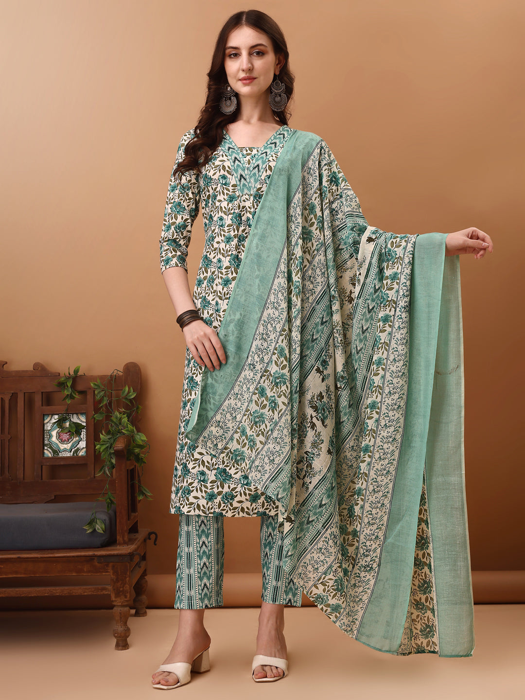 Floral Printed Kurta With Pant & Dupatta, Blue - Hiral Fashion