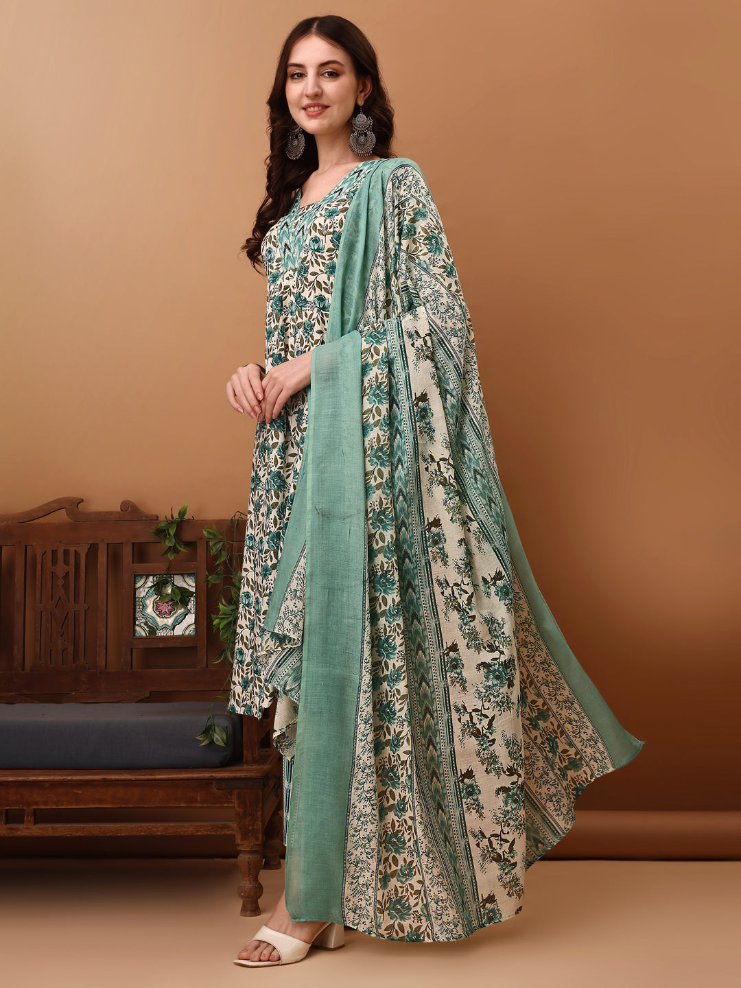 Floral Printed Kurta With Pant & Dupatta, Blue - Hiral Fashion