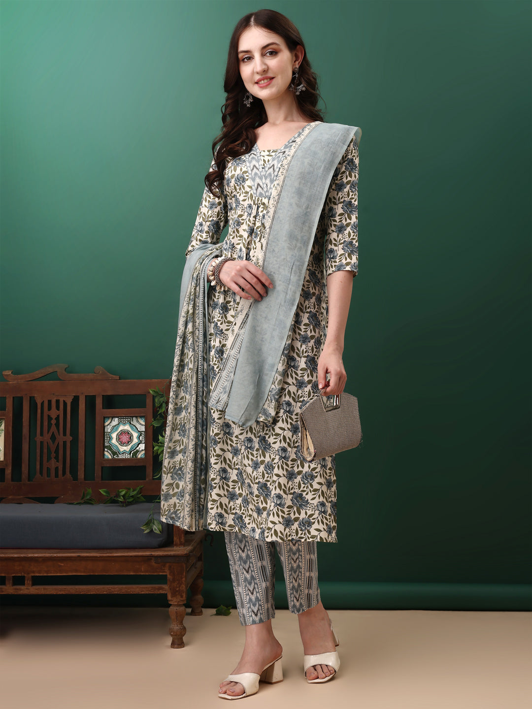 Floral Printed Kurta With Pant & Dupatta, Navy Blue - Hiral Fashion
