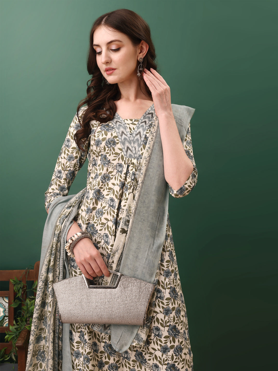 Floral Printed Kurta With Pant & Dupatta, Navy Blue - Hiral Fashion
