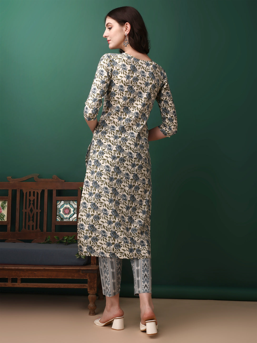 Floral Printed Kurta With Pant & Dupatta, Navy Blue - Hiral Fashion