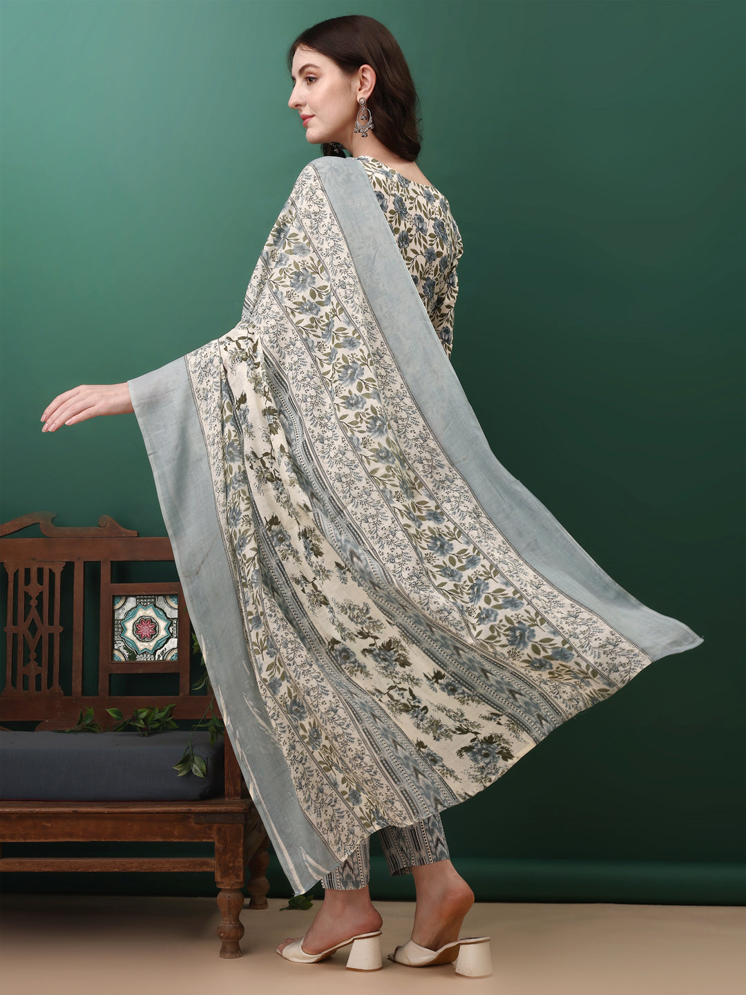 Floral Printed Kurta With Pant & Dupatta, Navy Blue - Hiral Fashion