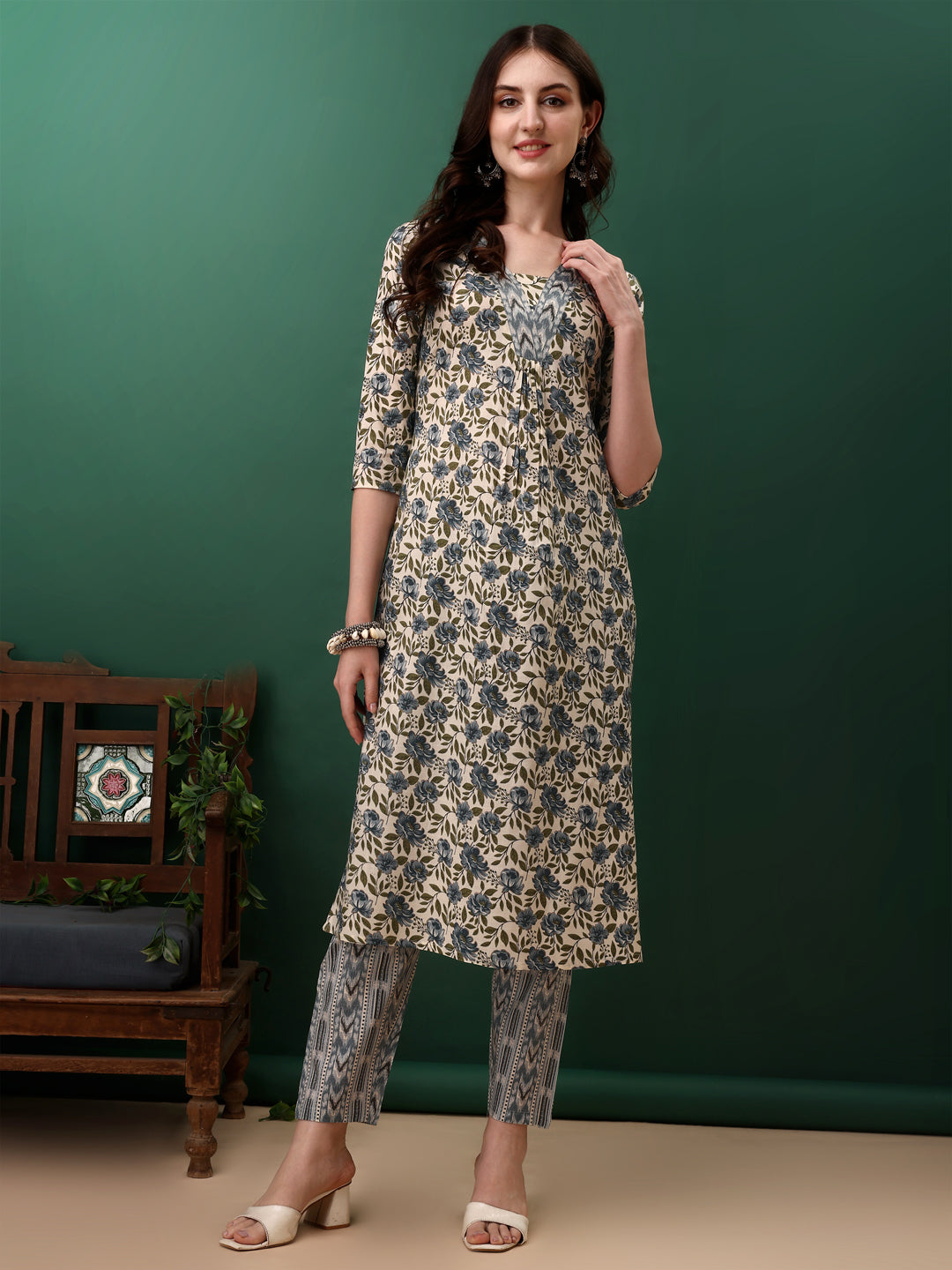 Floral Printed Kurta With Pant & Dupatta, Navy Blue - Hiral Fashion