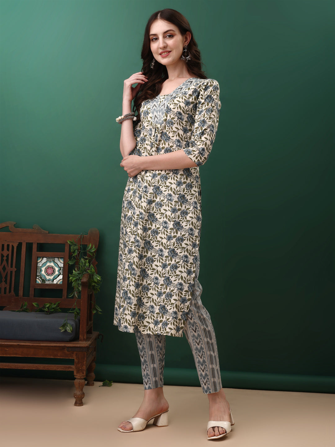 Floral Printed Kurta With Pant & Dupatta, Navy Blue - Hiral Fashion