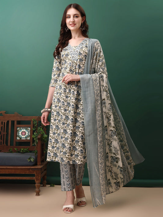 Floral Printed Kurta With Pant & Dupatta, Navy Blue - Hiral Fashion