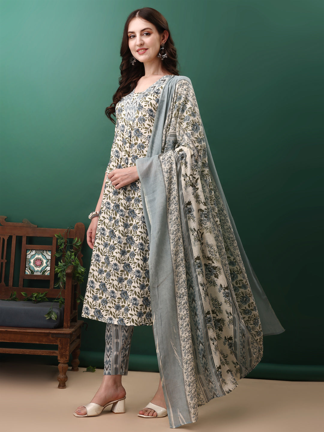 Floral Printed Kurta With Pant & Dupatta, Navy Blue - Hiral Fashion