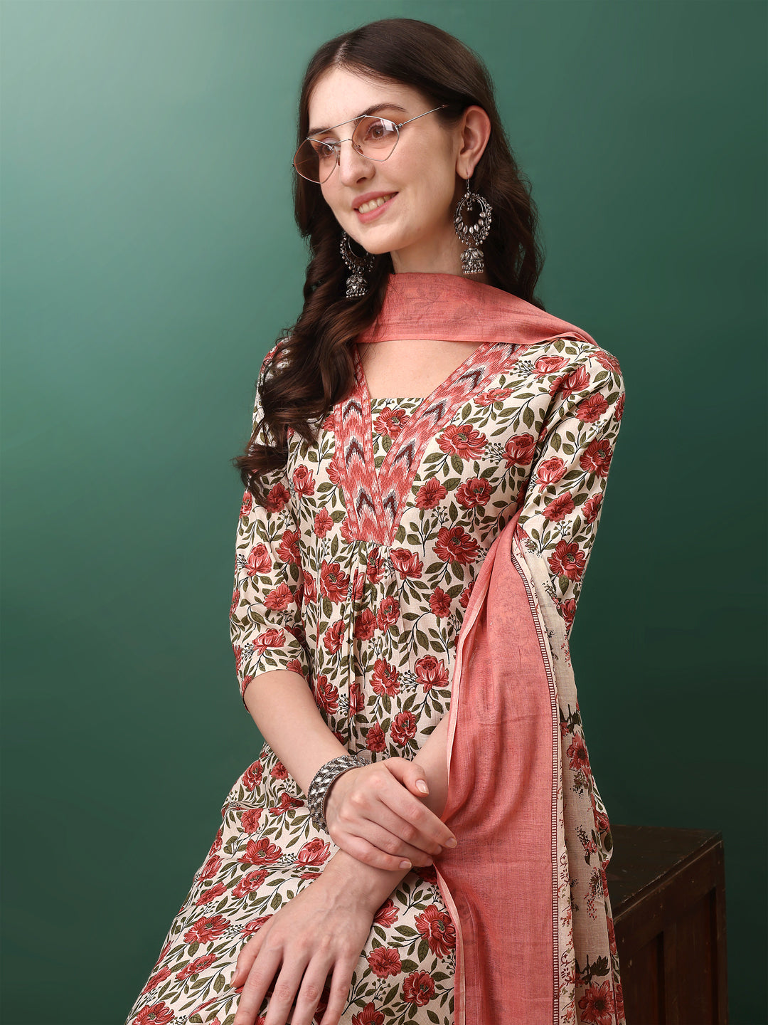 Floral Printed Kurta With Pant & Dupatta, Pink - Hiral Fashion