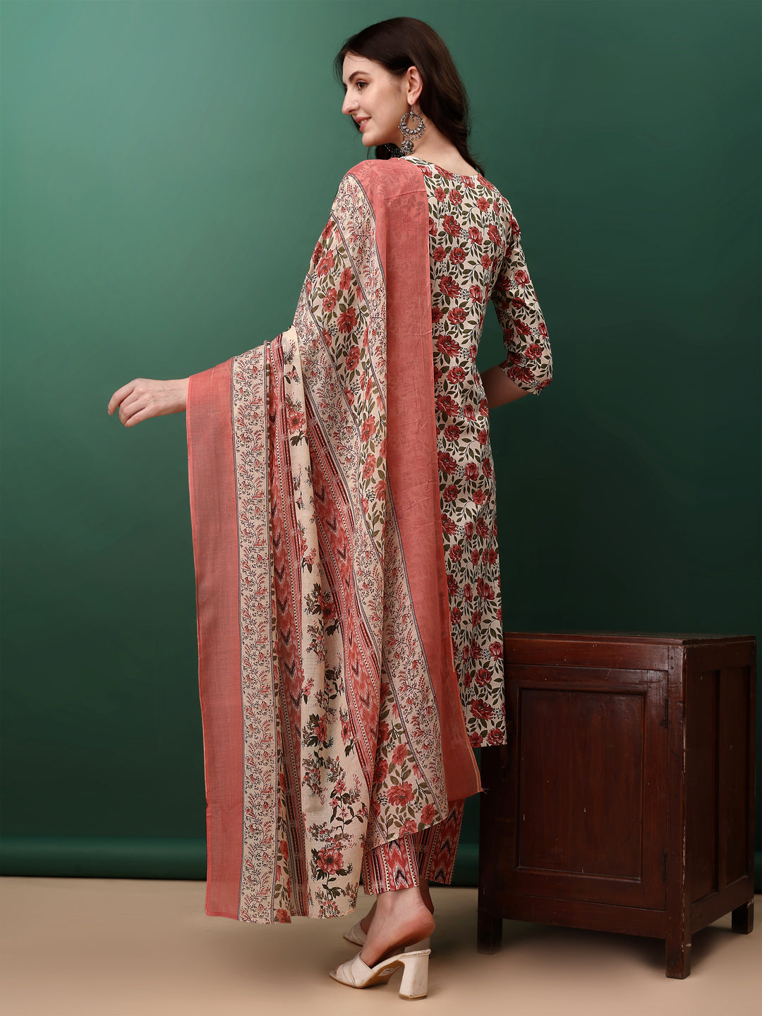 Floral Printed Kurta With Pant & Dupatta, Pink - Hiral Fashion