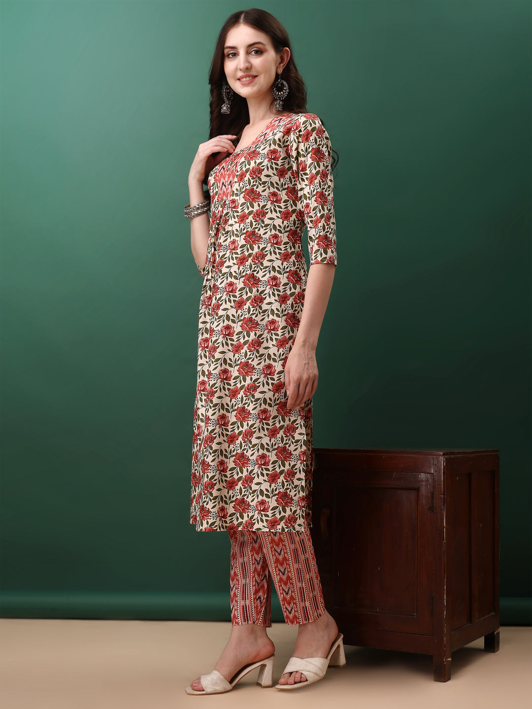 Floral Printed Kurta With Pant & Dupatta, Pink - Hiral Fashion