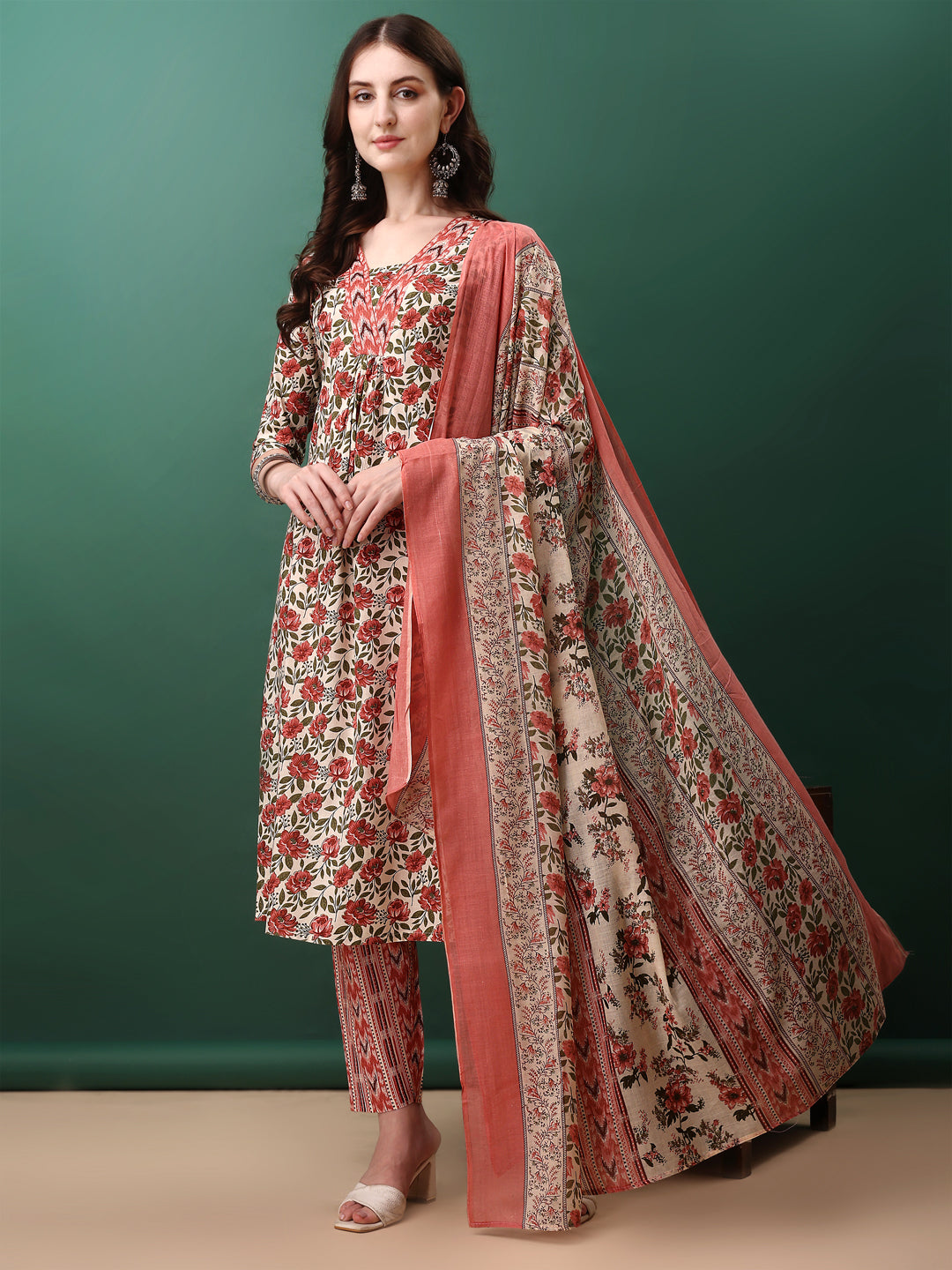 Floral Printed Kurta With Pant & Dupatta, Pink - Hiral Fashion