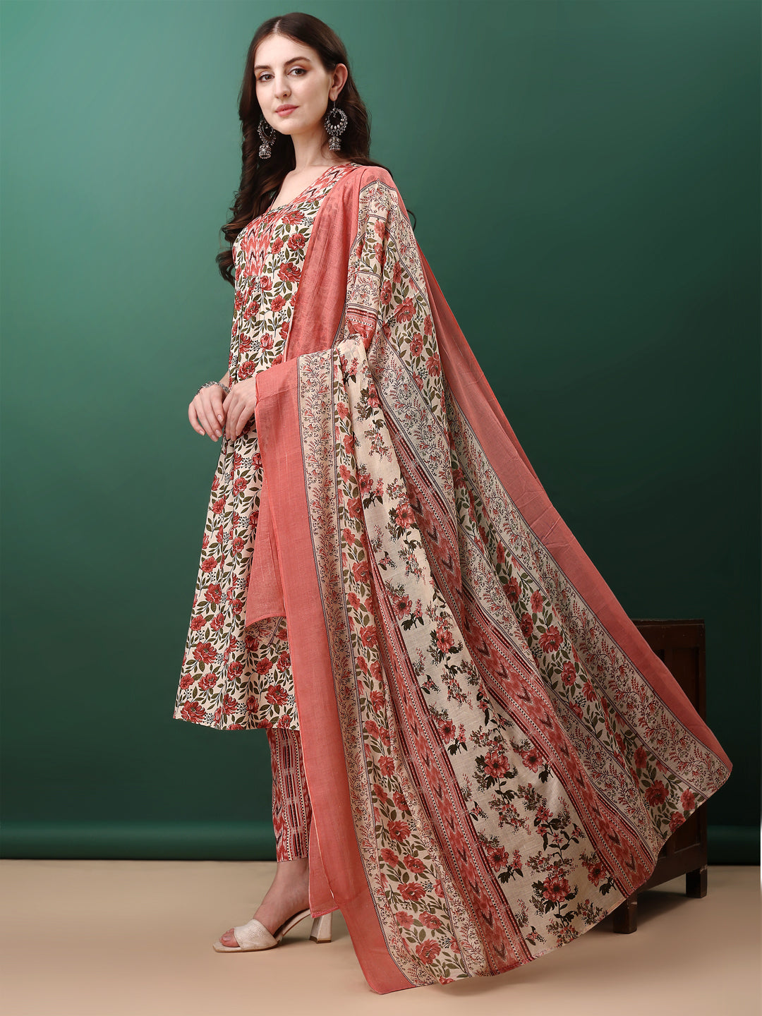 Floral Printed Kurta With Pant & Dupatta, Pink - Hiral Fashion