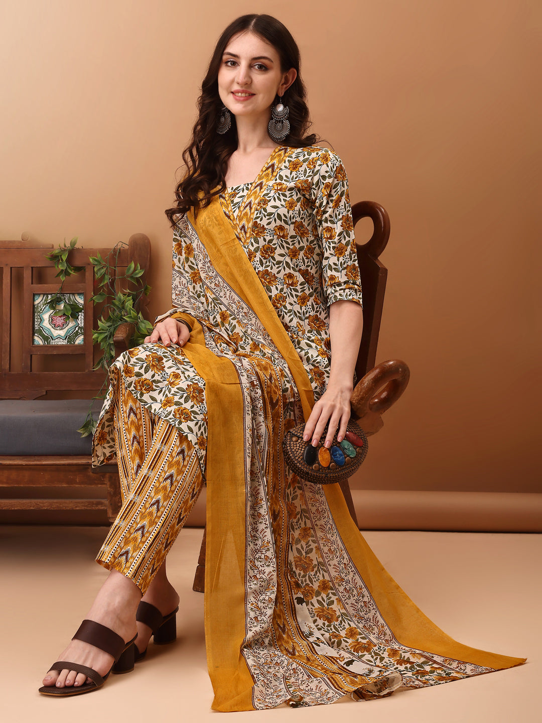 Floral Printed Kurta With Pant & Dupatta, Yellow - Hiral Fashion