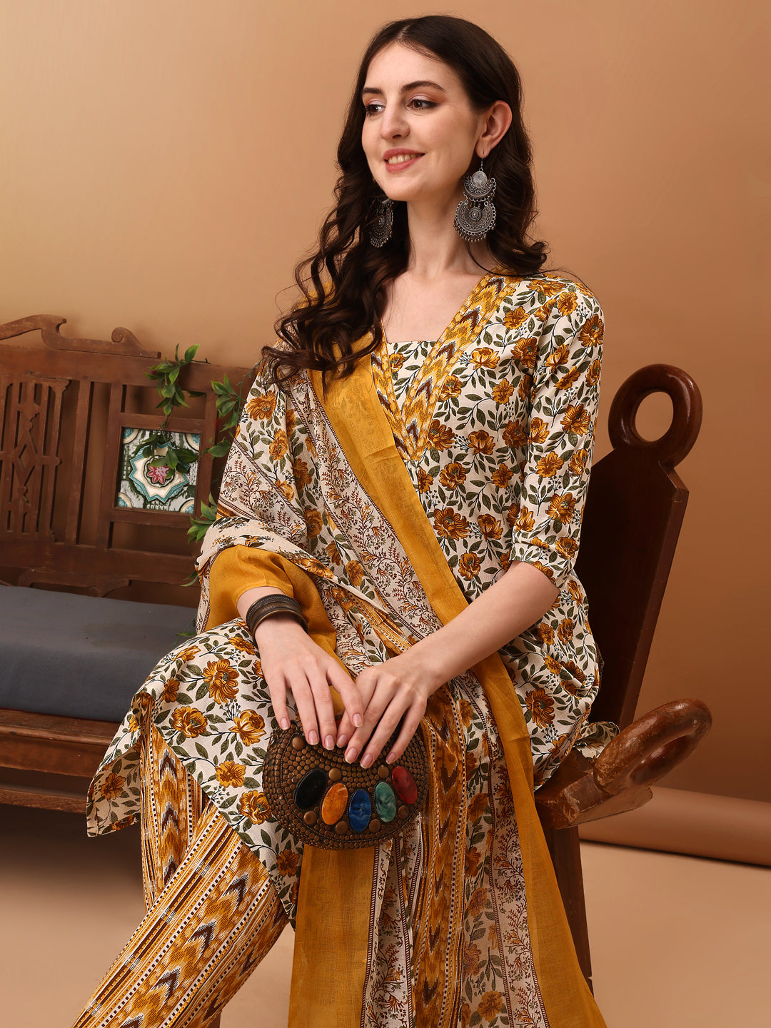 Floral Printed Kurta With Pant & Dupatta, Yellow - Hiral Fashion