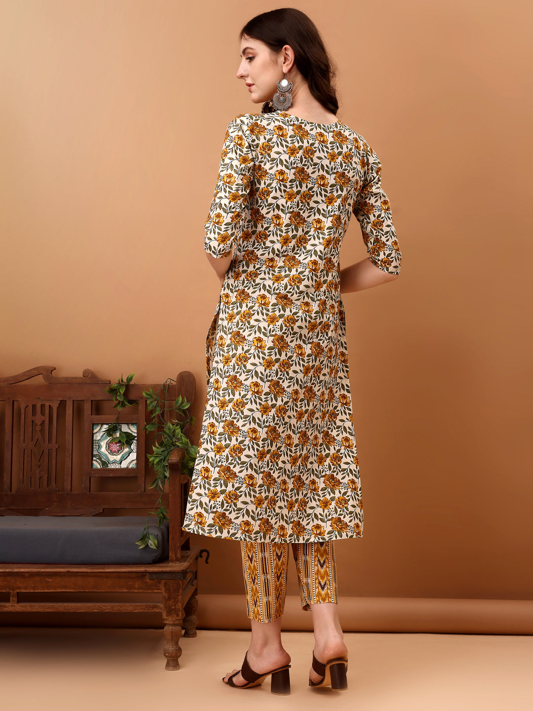 Floral Printed Kurta With Pant & Dupatta, Yellow - Hiral Fashion