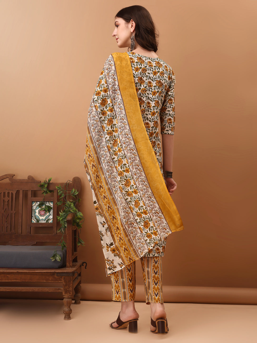 Floral Printed Kurta With Pant & Dupatta, Yellow - Hiral Fashion