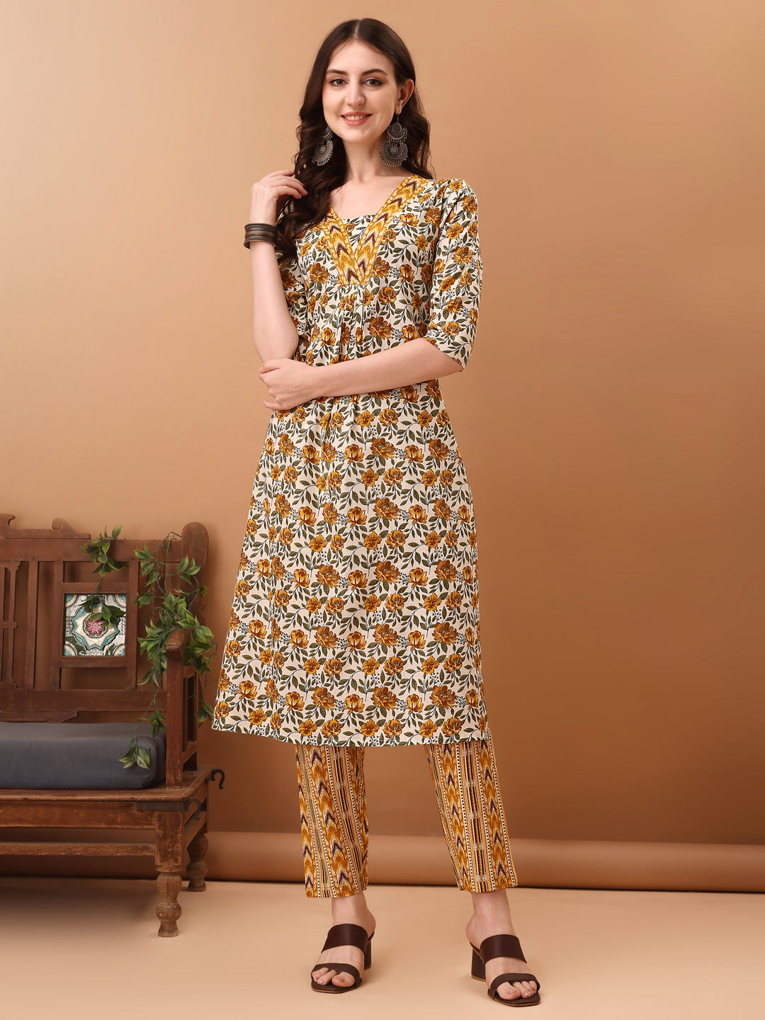 Floral Printed Kurta With Pant & Dupatta, Yellow - Hiral Fashion