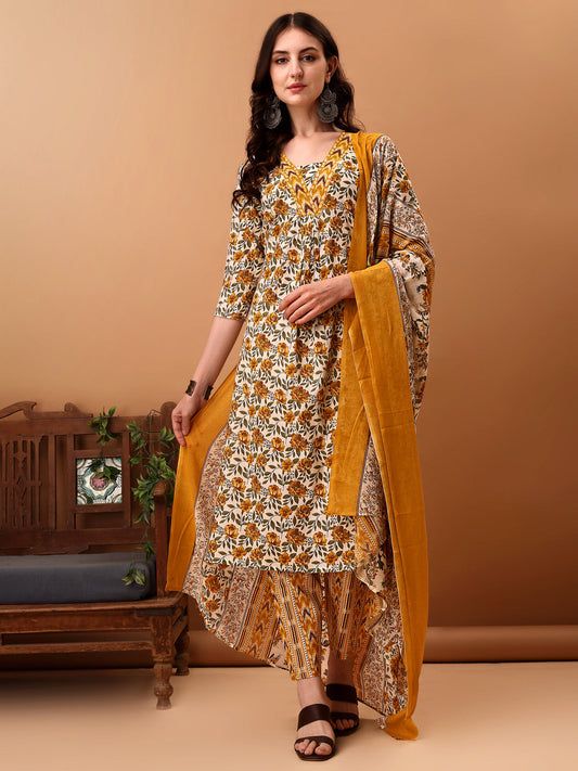 Floral Printed Kurta With Pant & Dupatta, Yellow - Hiral Fashion