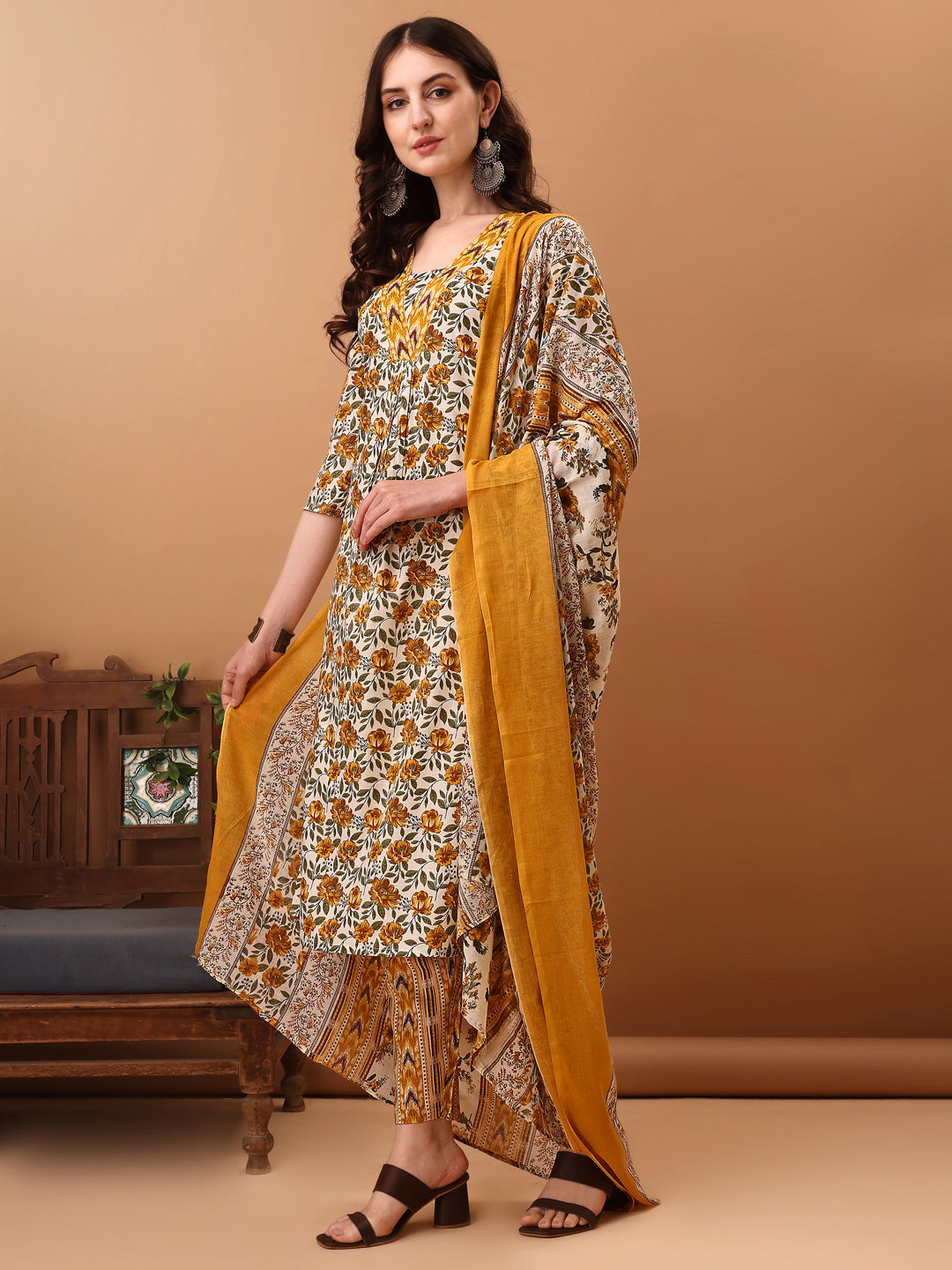 Floral Printed Kurta With Pant & Dupatta, Yellow - Hiral Fashion