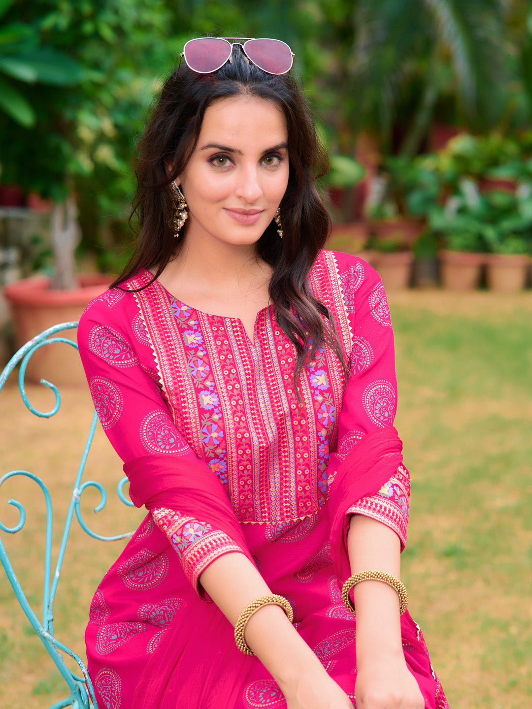 Printed Rayon Kurta With Pant & Printed Dupatta, Pink - Hiral Fashion