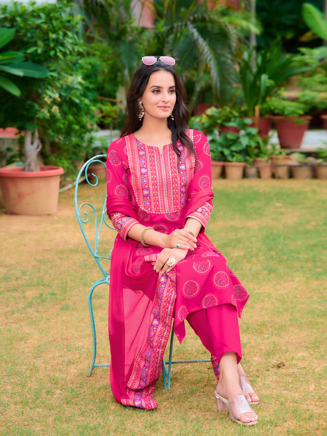 Printed Rayon Kurta With Pant & Printed Dupatta, Pink - Hiral Fashion
