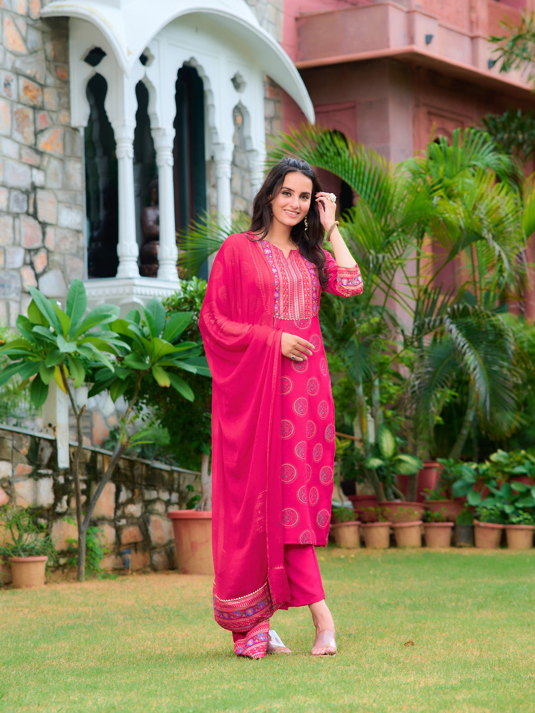 Printed Rayon Kurta With Pant & Printed Dupatta, Pink - Hiral Fashion