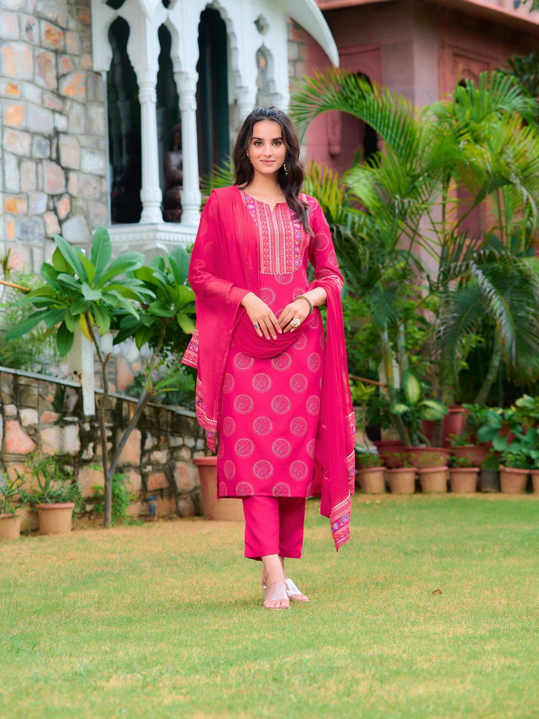 Printed Rayon Kurta With Pant & Printed Dupatta, Pink - Hiral Fashion