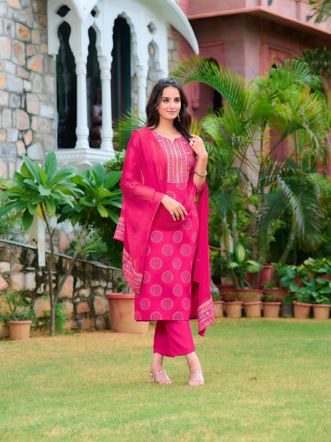 Printed Rayon Kurta With Pant & Printed Dupatta, Pink - Hiral Fashion