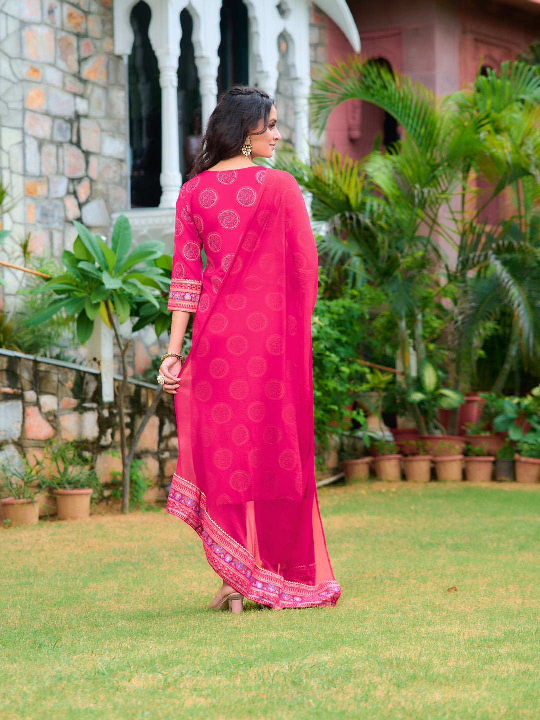 Printed Rayon Kurta With Pant & Printed Dupatta, Pink - Hiral Fashion