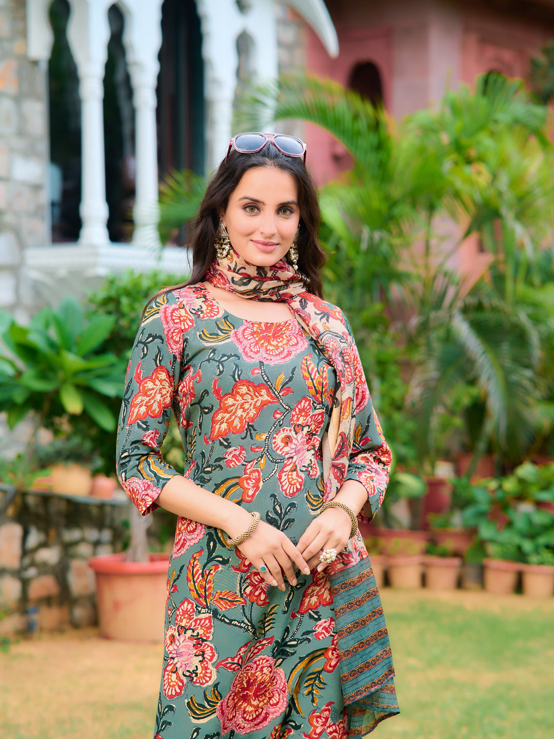 Printed Kurta With Pant & Printed Dupatta, Green - Hiral Fashion