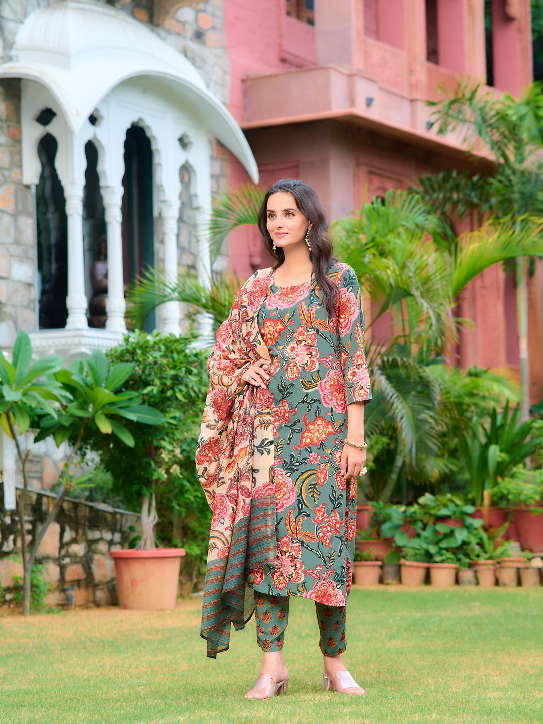 Printed Kurta With Pant & Printed Dupatta, Green - Hiral Fashion