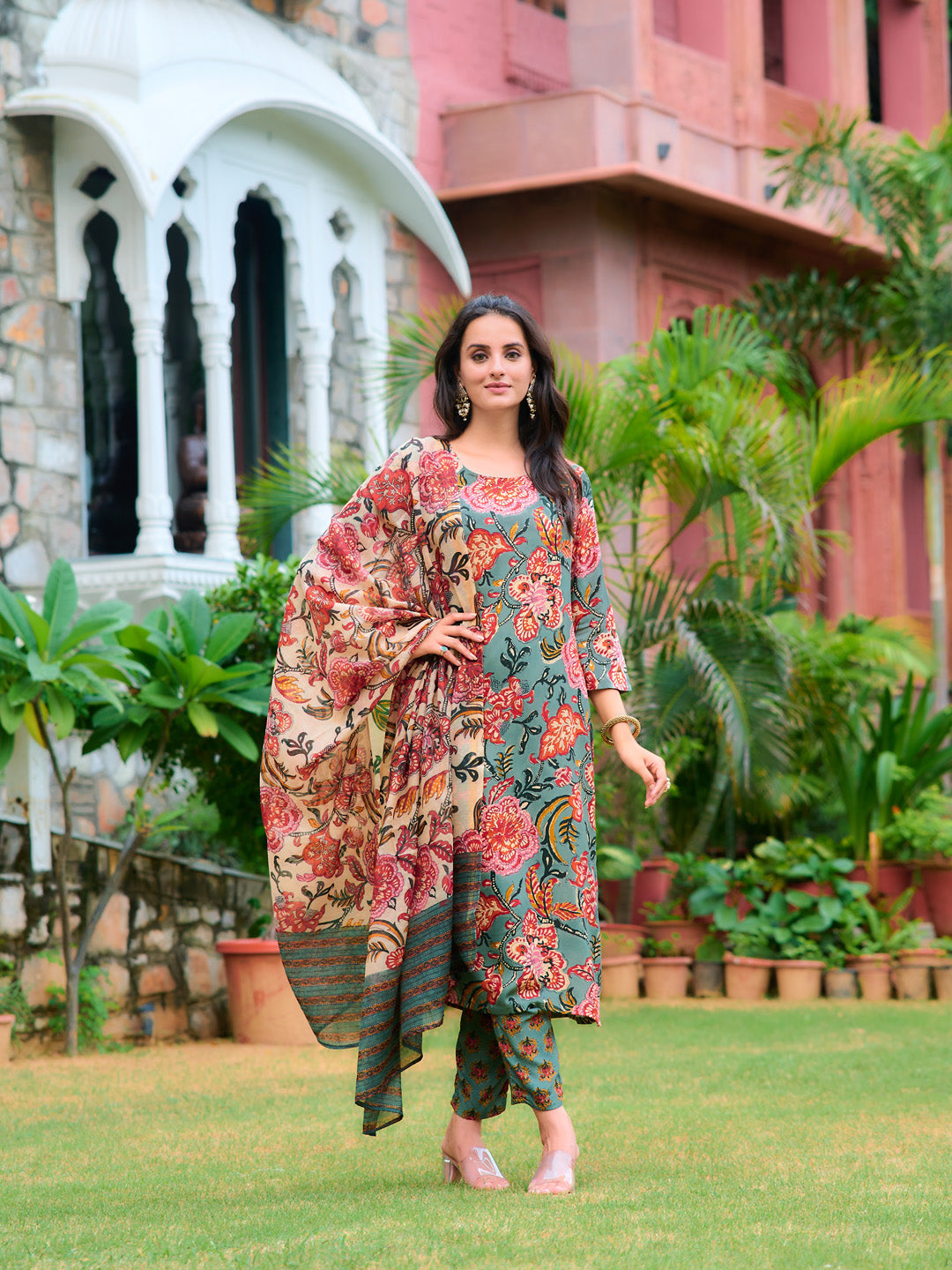 Printed Kurta With Pant & Printed Dupatta, Green - Hiral Fashion