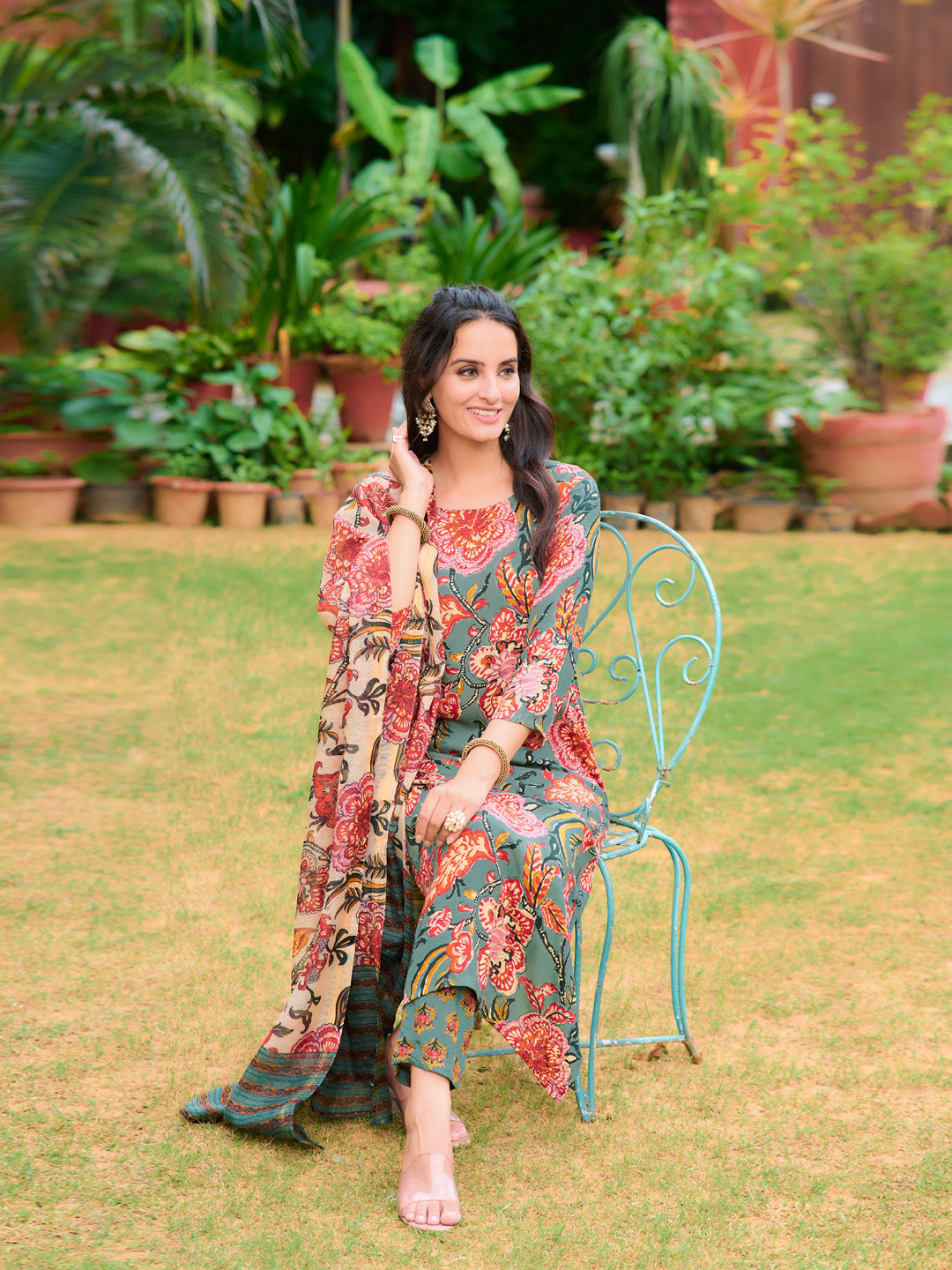 Printed Kurta With Pant & Printed Dupatta, Green - Hiral Fashion