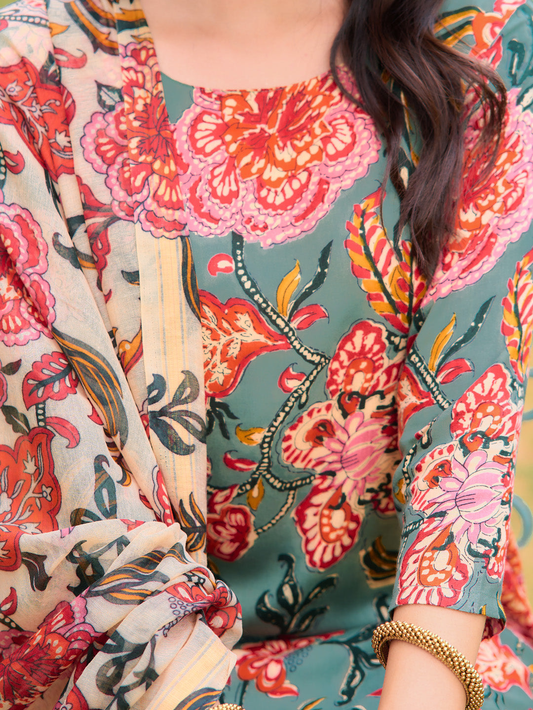 Printed Kurta With Pant & Printed Dupatta, Green - Hiral Fashion