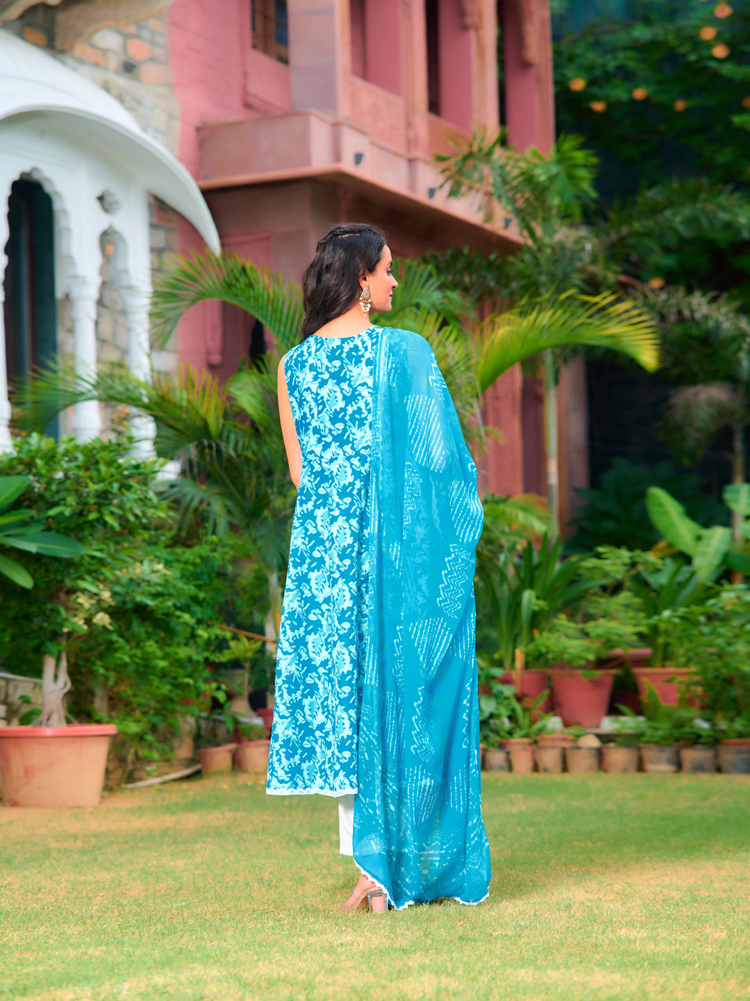 Printed Flared Kurta With Pant & Dupatta, Blue - Hiral Fashion