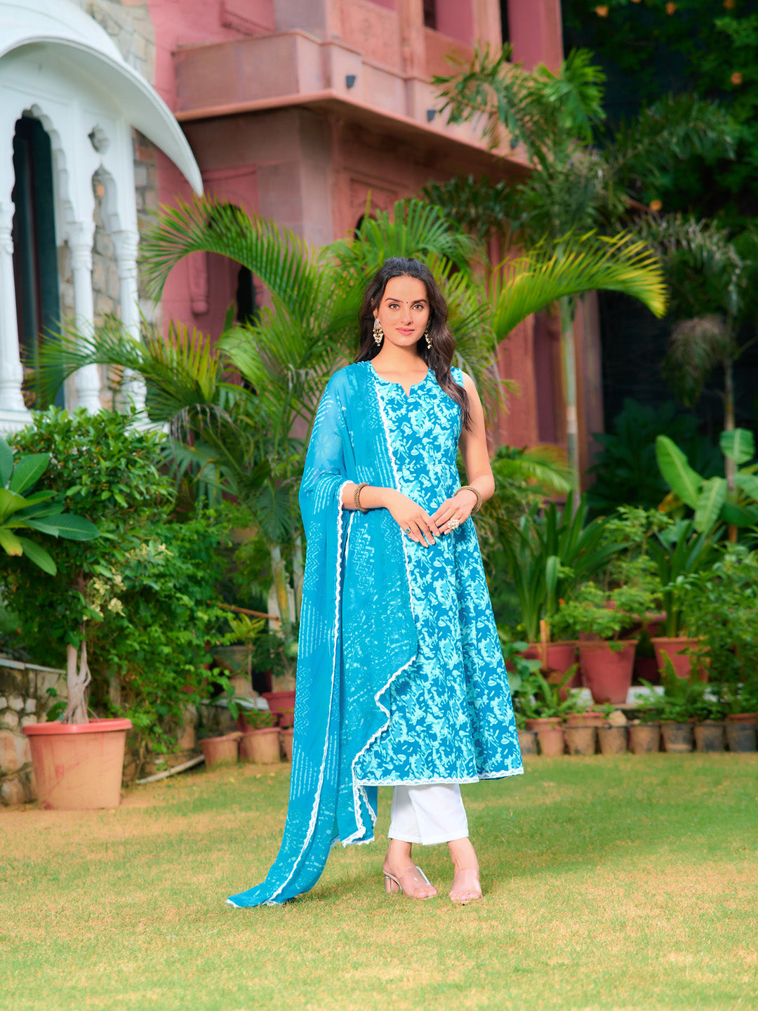 Printed Flared Kurta With Pant & Dupatta, Blue - Hiral Fashion