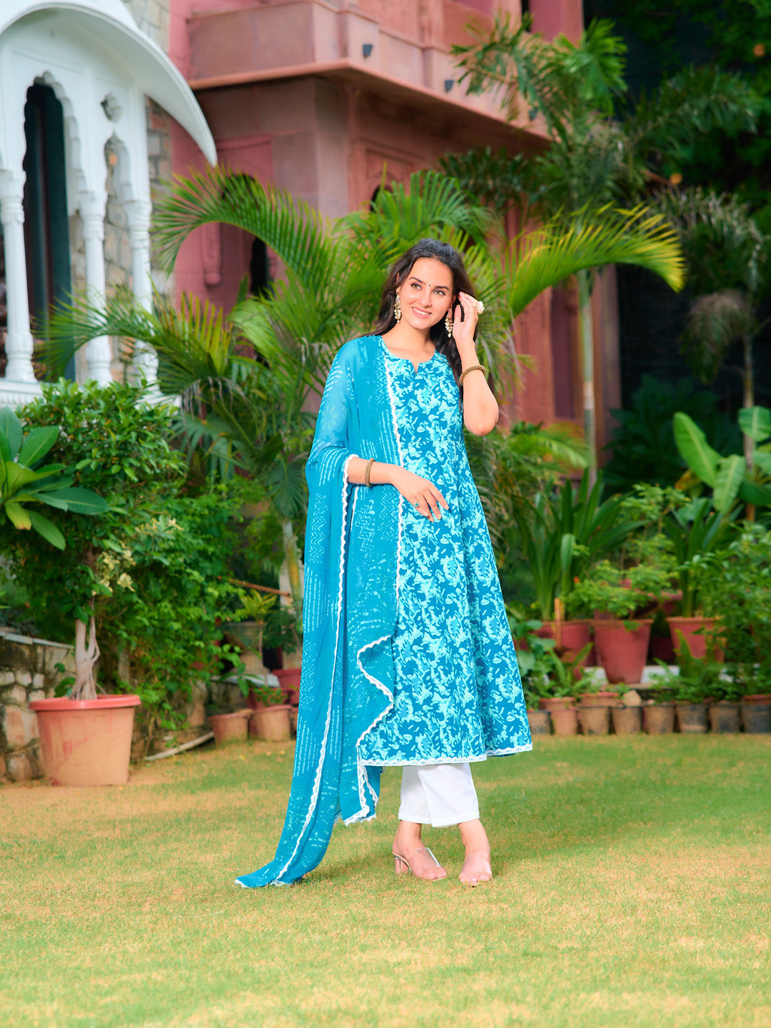 Printed Flared Kurta With Pant & Dupatta, Blue - Hiral Fashion