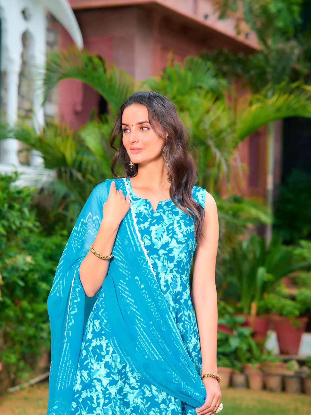 Printed Flared Kurta With Pant & Dupatta, Blue - Hiral Fashion