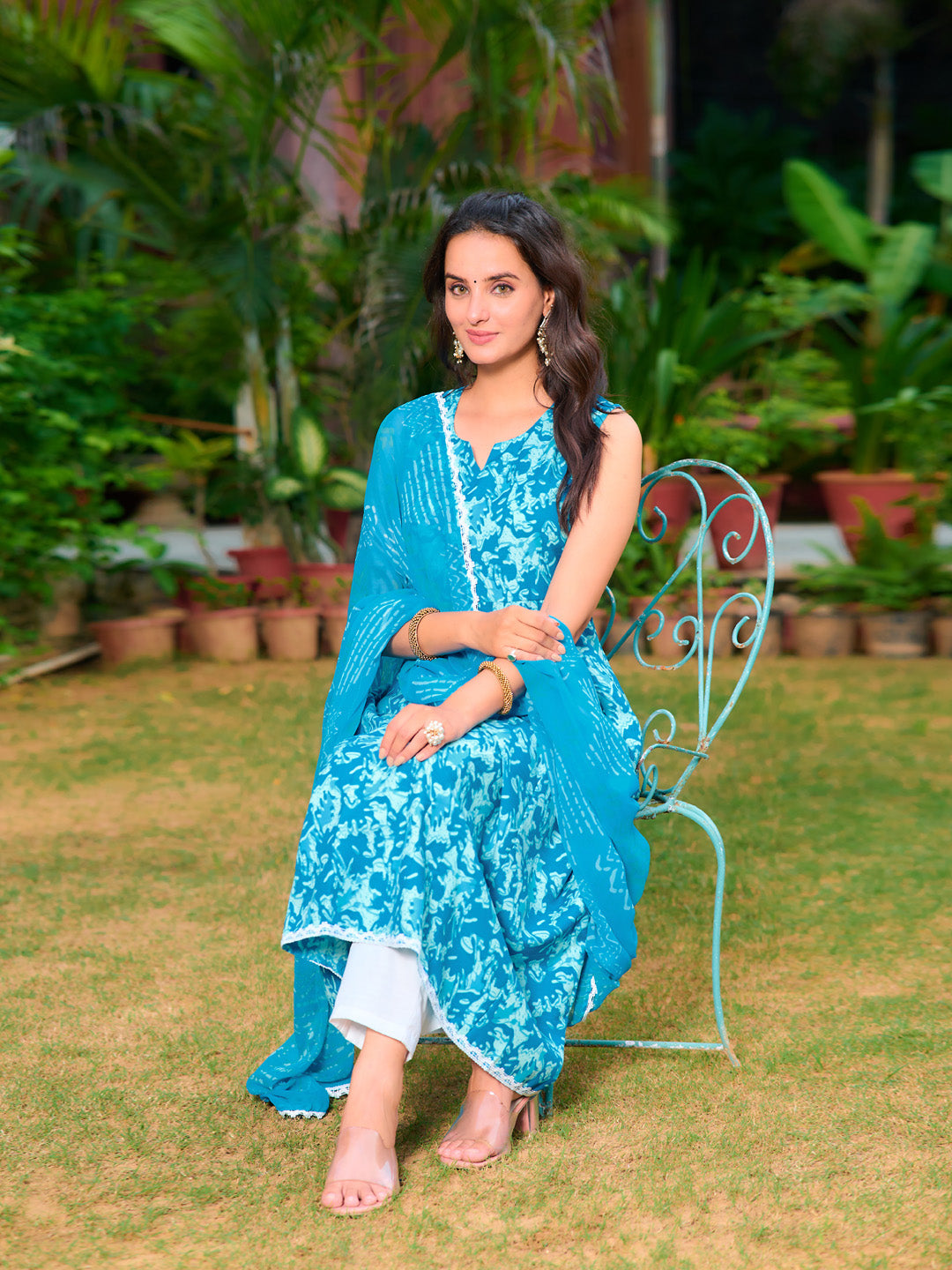 Printed Flared Kurta With Pant & Dupatta, Blue - Hiral Fashion
