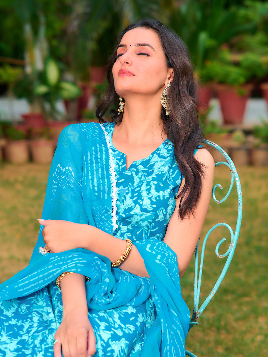 Printed Flared Kurta With Pant & Dupatta, Blue - Hiral Fashion