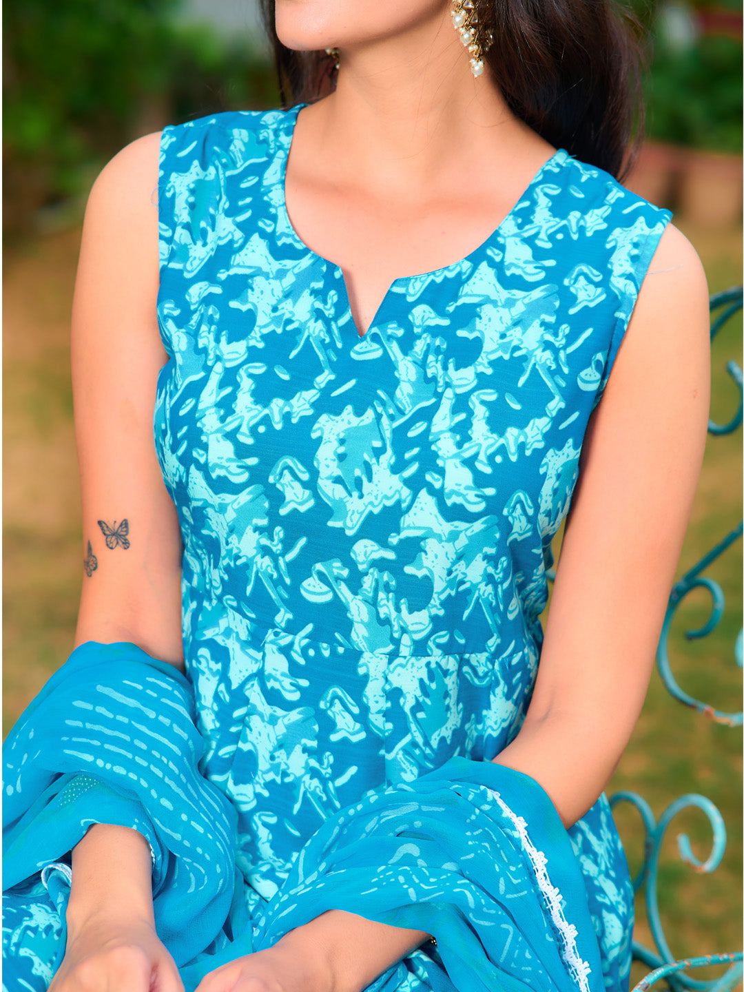 Printed Flared Kurta With Pant & Dupatta, Blue - Hiral Fashion